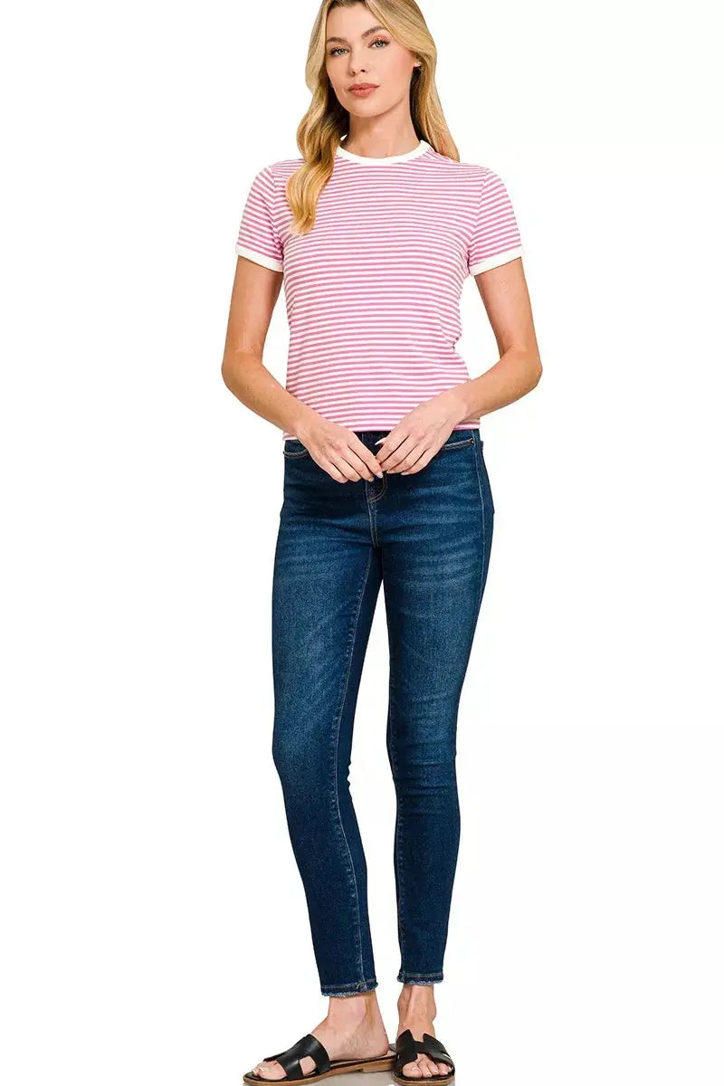 Zenana Striped Contrast Trim Short Sleeve Shirt  Style Ratio