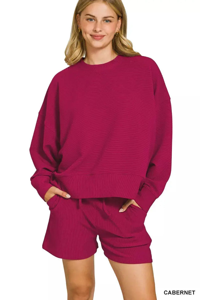 Zenana Ribbed Round Neck Pullover and Shorts Set  Style Ratio