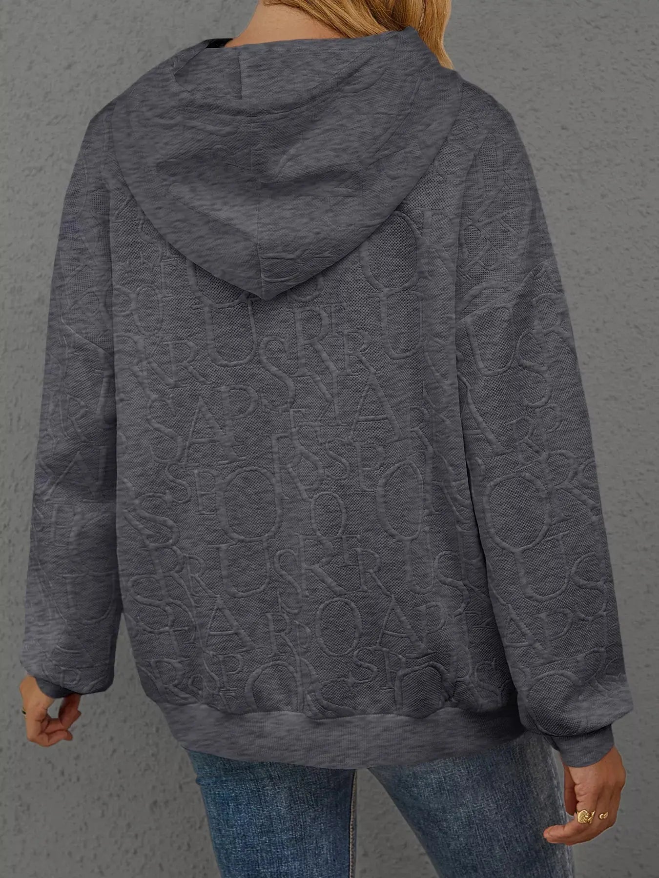 Full Size Embossed Lettering Casual Hoodie  Style Ratio