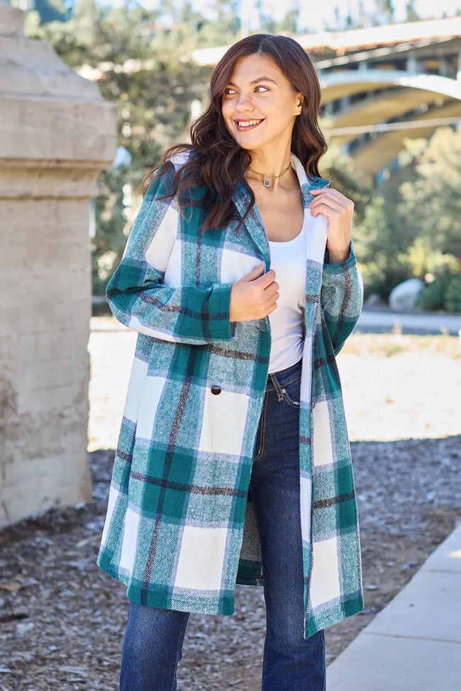 Double Take Plaid Button Up Lapel Collar Coat Trendsi