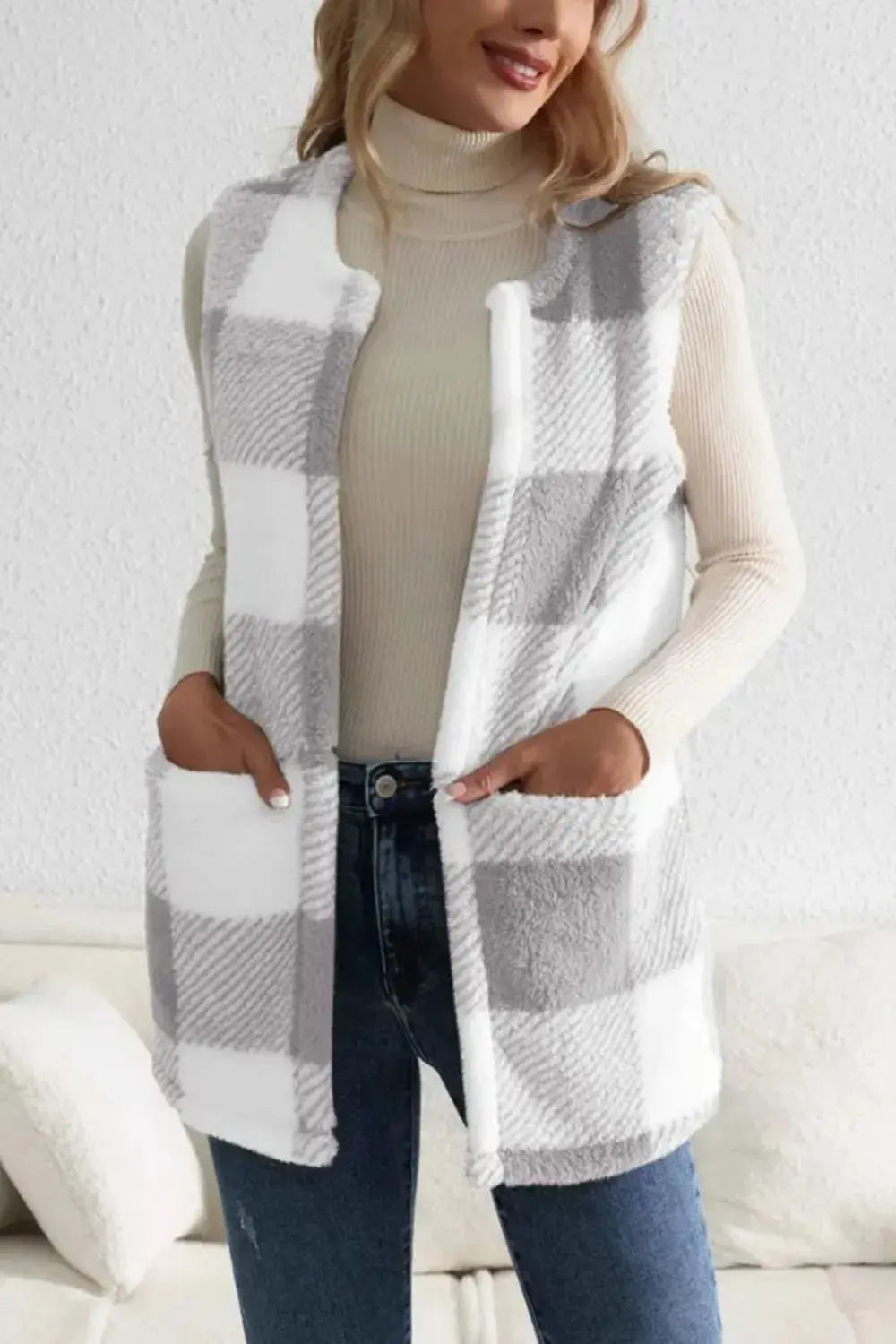 Sherpa Plaid Open Front Vest  Style Ratio