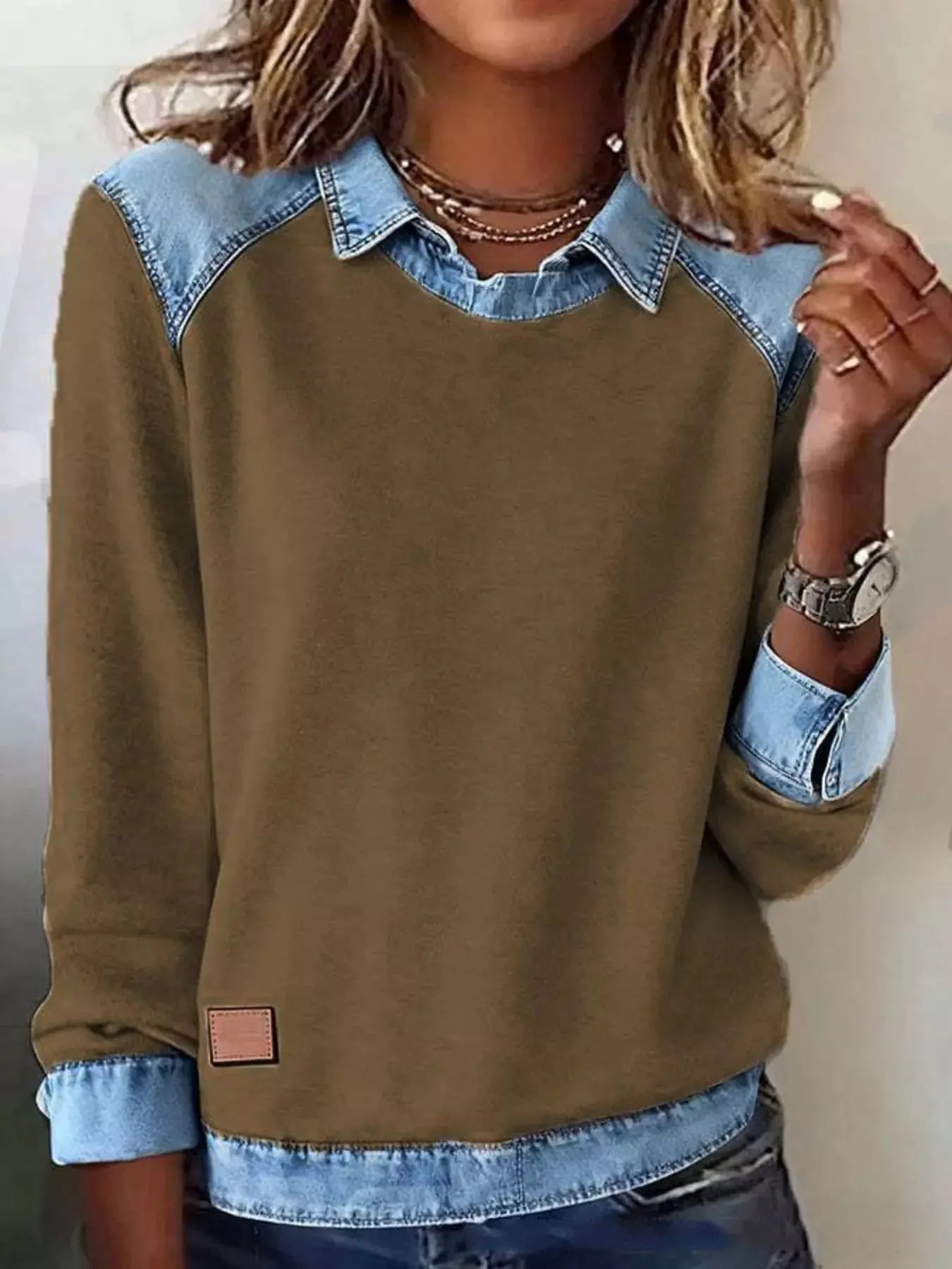 Full Size Denim Trim Long Sleeve Top  Style Ratio