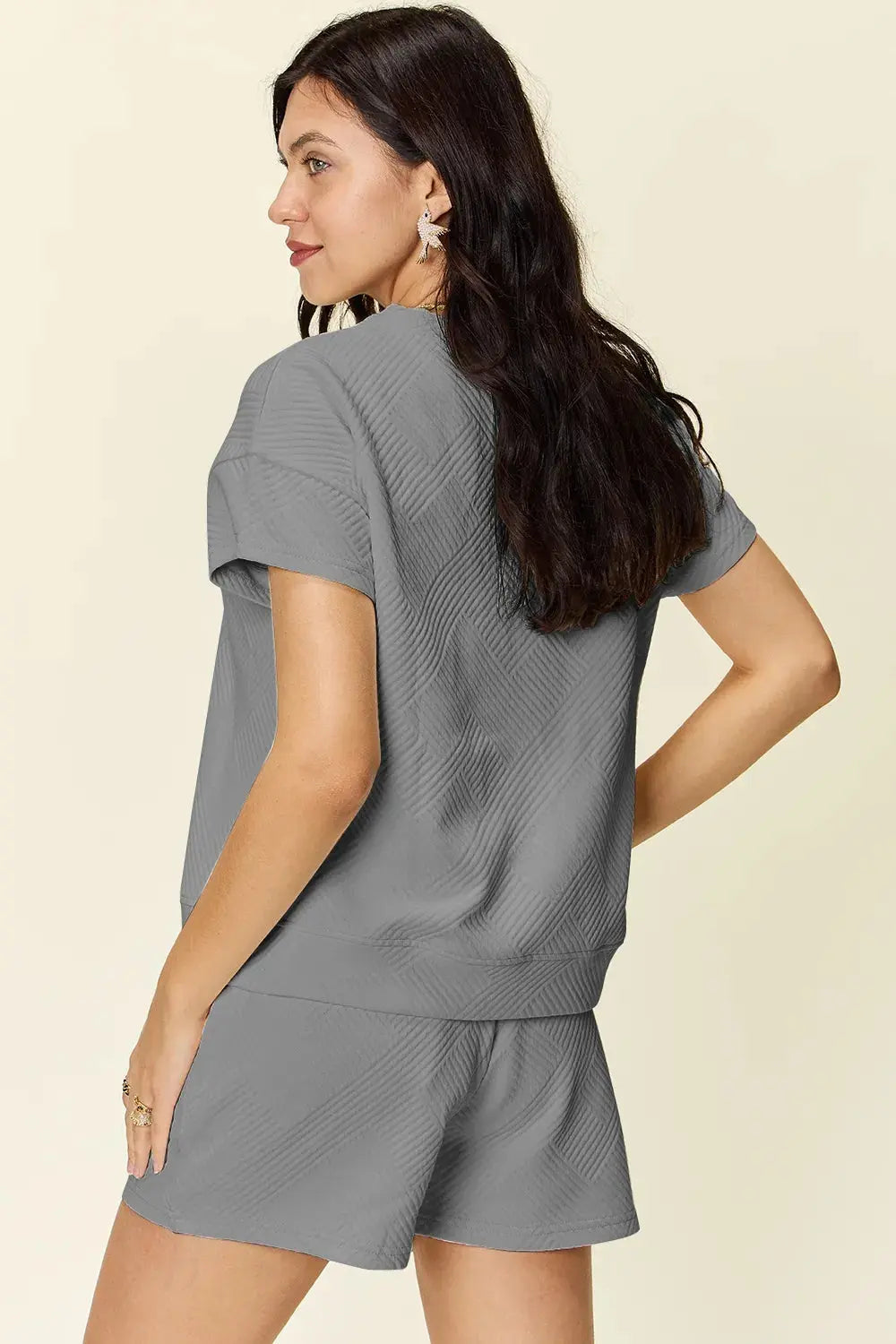 Double Take Full Size Texture Short Sleeve T-Shirt and Drawstring Shorts Set  Style Ratio