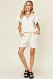 Double Take Texture Flounce Sleeve Top and Drawstring Shorts Set  Style Ratio