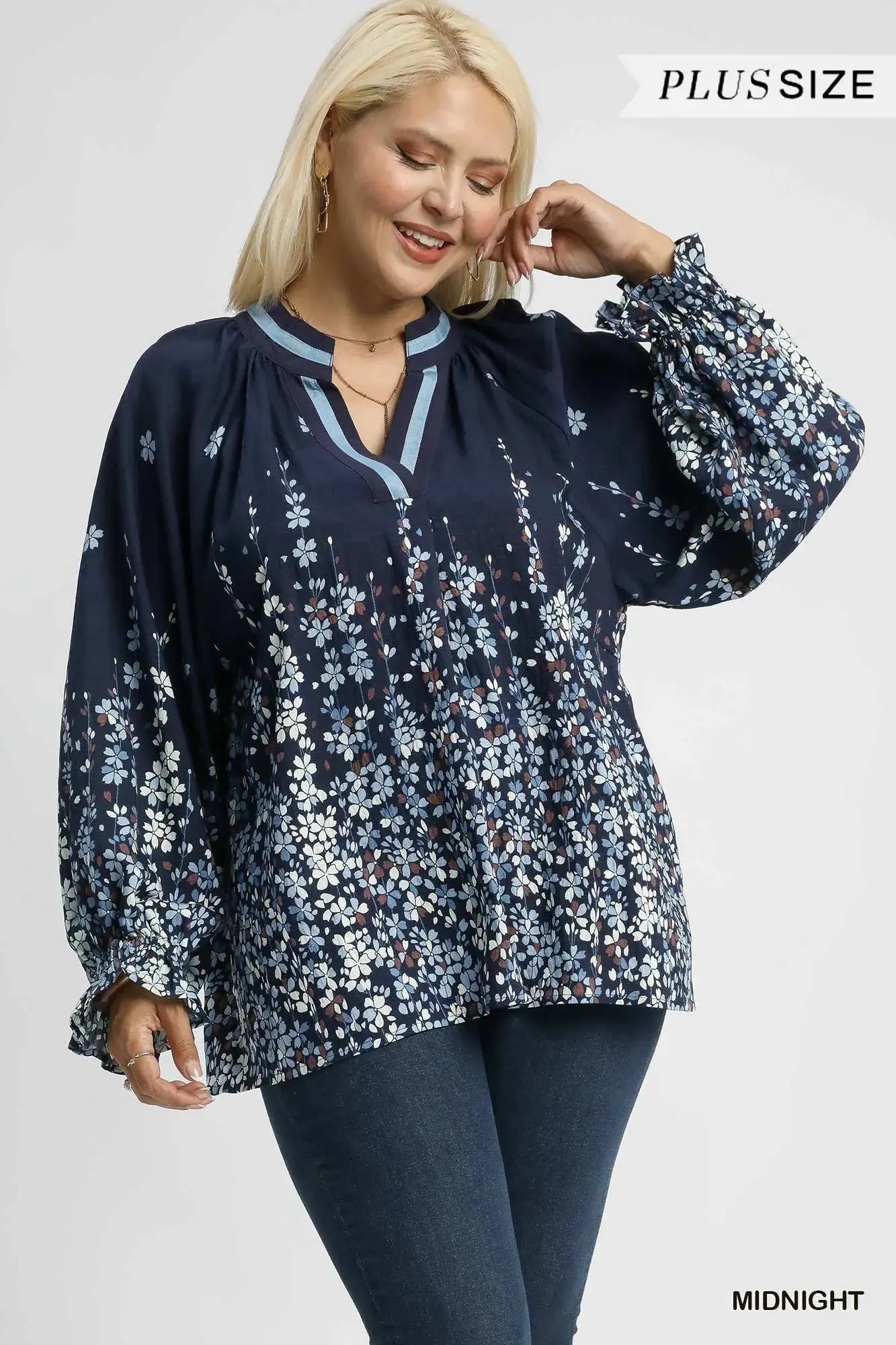 Umgee Full Size Floral Vine Print Blouse with Balloon Sleeves  Style Ratio