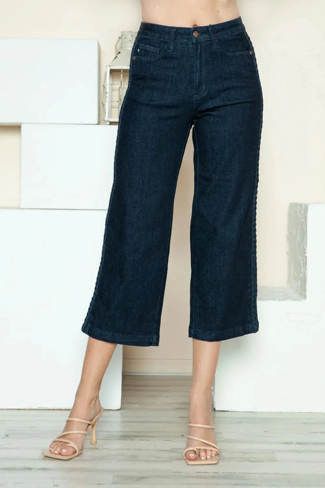 Judy Blue Full Size Side Seam Braid Detail Crop Wide Leg Jeans  Style Ratio