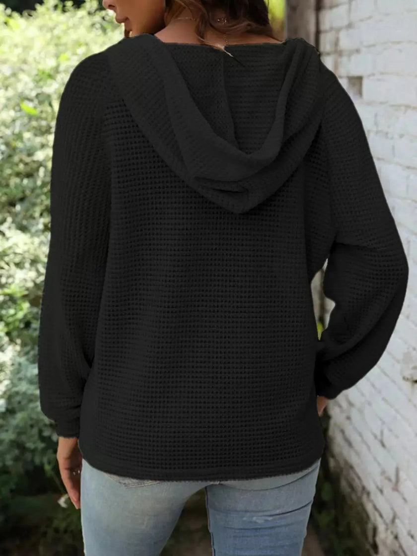 Full Size Button Detail Waffle Knit Hoodie  Style Ratio