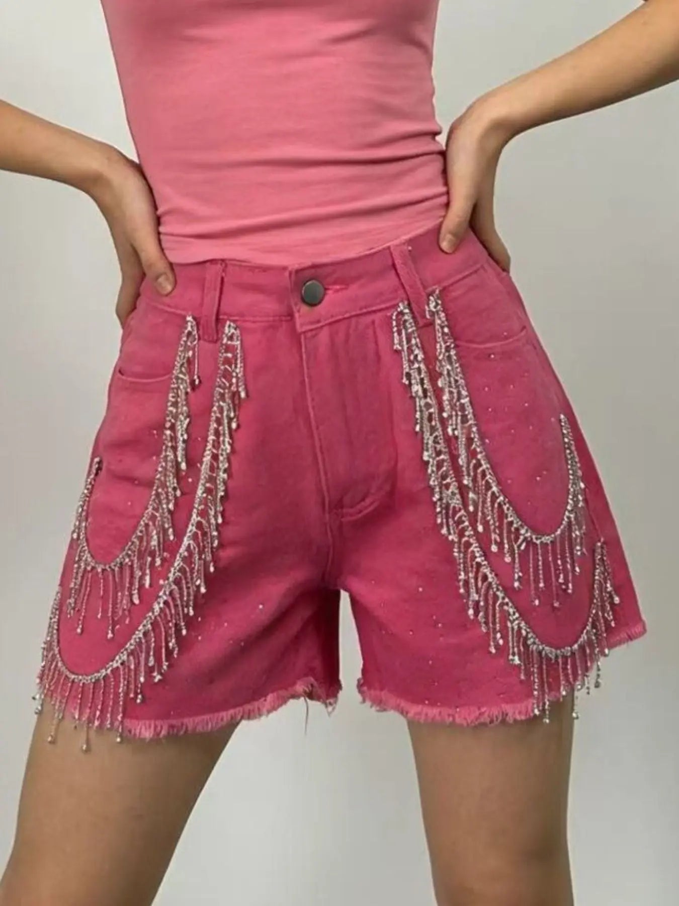 Rhinestone Chain Raw Hem Denim Shorts  Style Ratio