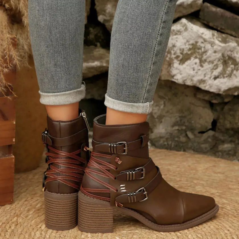 Point Toe Buckle Strap Ankle Boots with Block Heels  Style Ratio