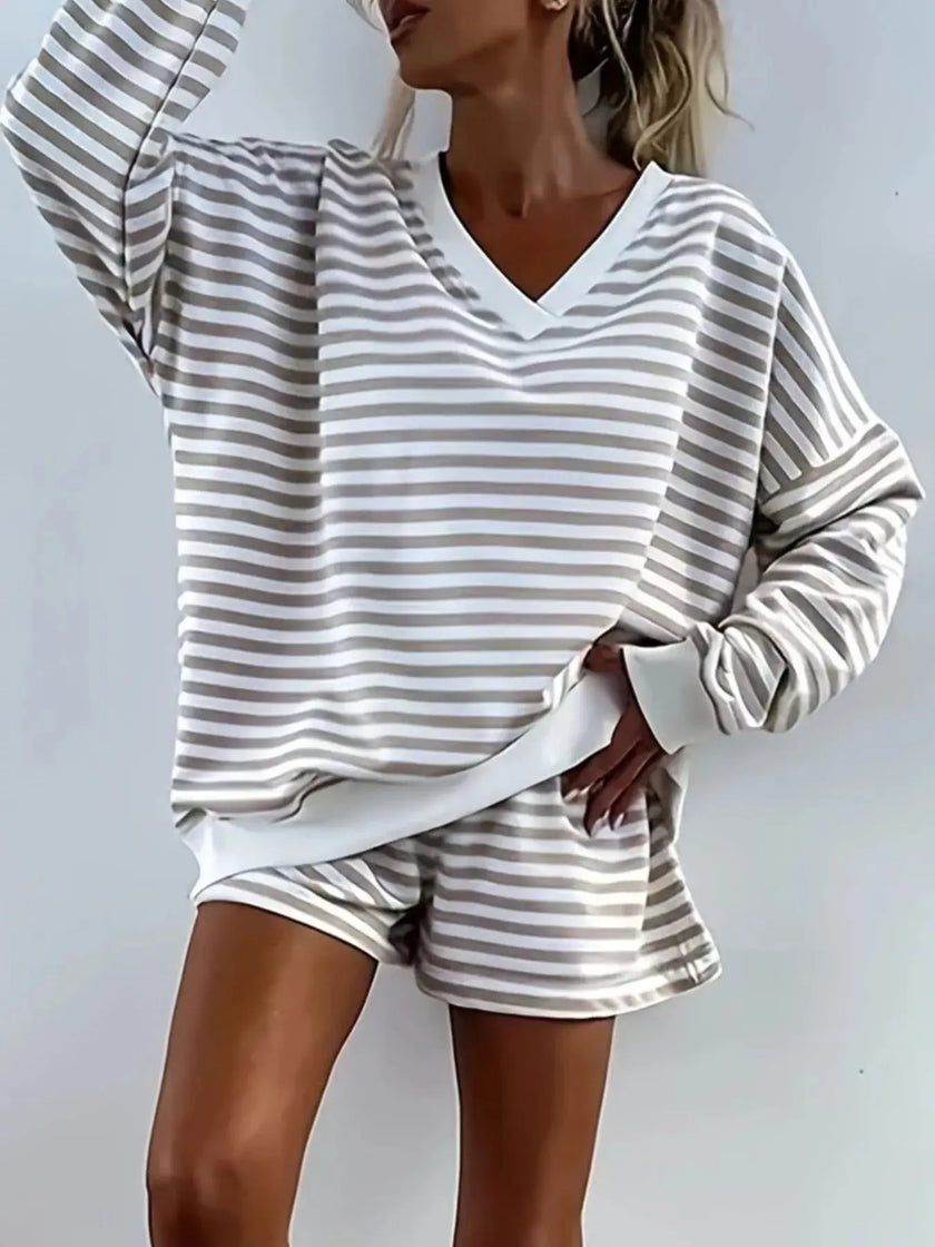 Striped V-Neck Top and Shorts Set  Style Ratio