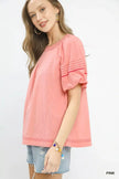 Umgee Round Neck Puff Sleeve Top with Contrast Stitch Detail  Style Ratio