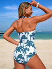 Tropical Palm Print Halter Neck One-Piece Swimsuit  Style Ratio