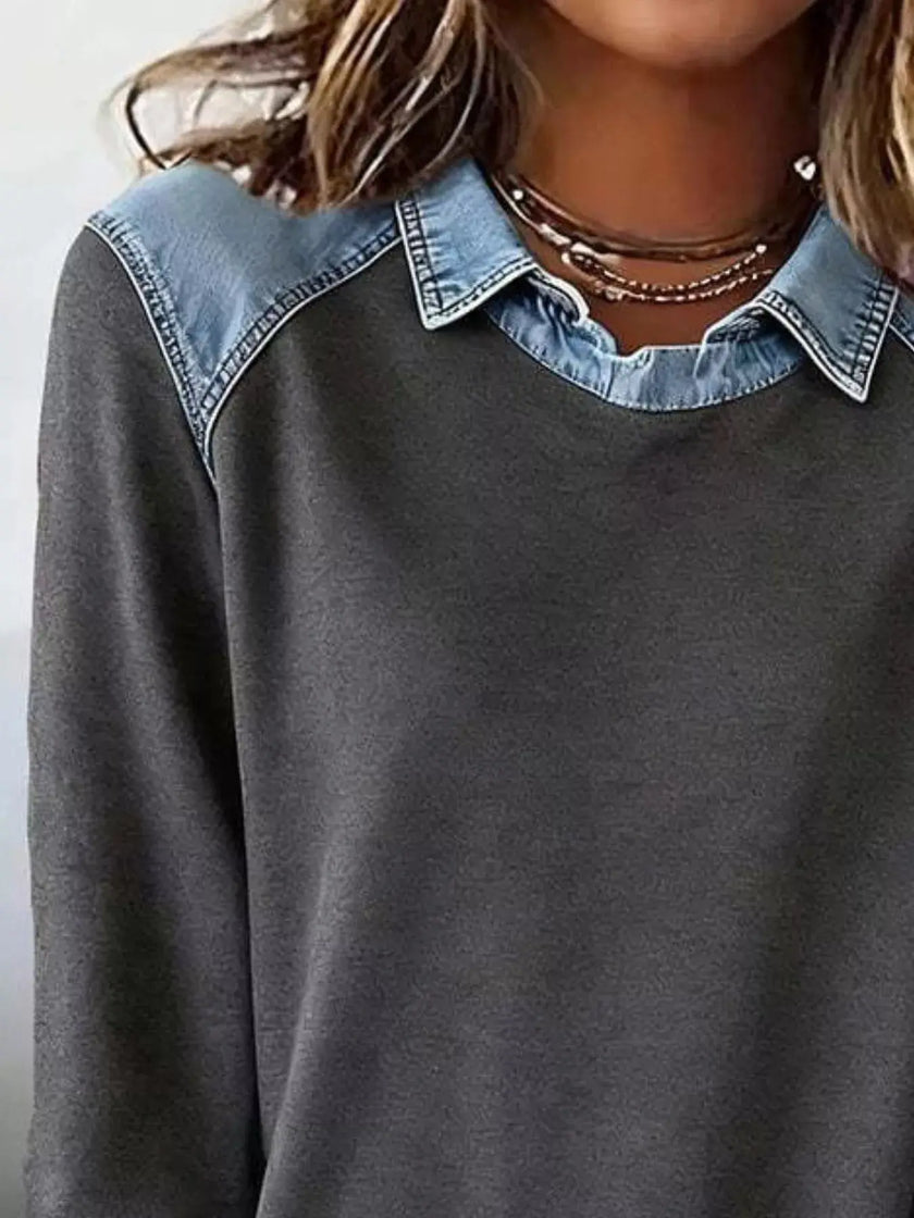 Full Size Denim Trim Long Sleeve Top  Style Ratio