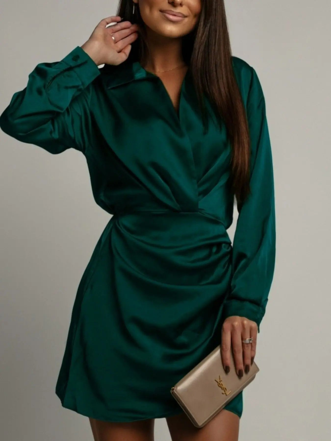 Collared Neck Long Sleeve Satin Dress  Style Ratio