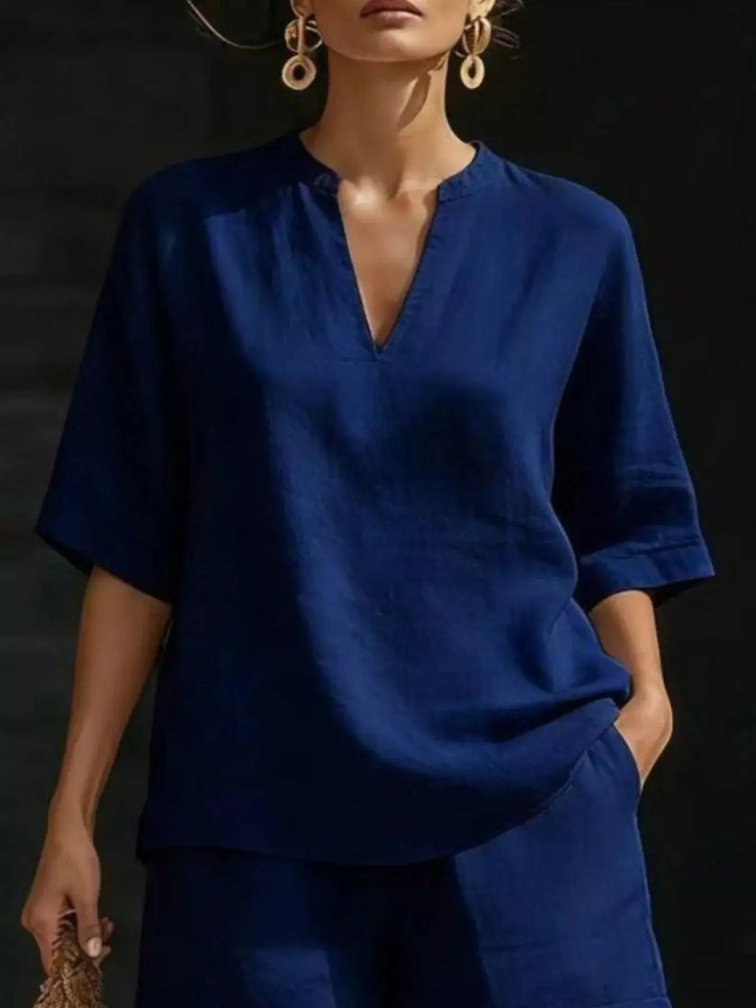 Full Size Notched Half Sleeve Top and Shorts Set  Style Ratio