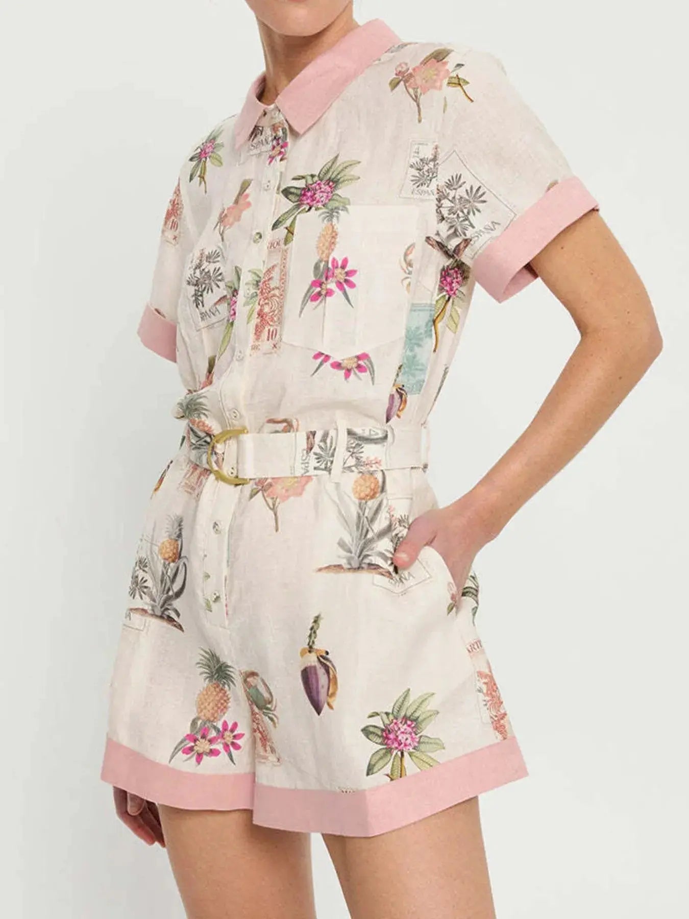 Printed Short Sleeve Romper with Belt  Style Ratio