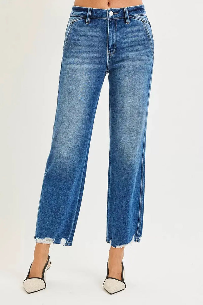 RISEN High Rise Ankle Straight Distressed Hem Detail Jeans  Style Ratio