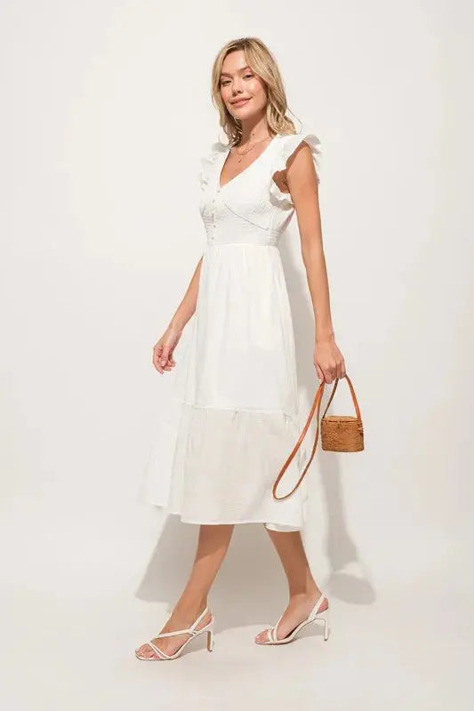 And The Why Ruffle Sleeve Front Smocked Tiered Midi Dress  Style Ratio