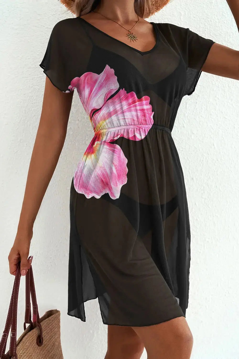 Floral Print V Neck Semi Sheer Beach Cover Up  Style Ratio