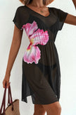 Floral Print V Neck Semi Sheer Beach Cover Up  Style Ratio