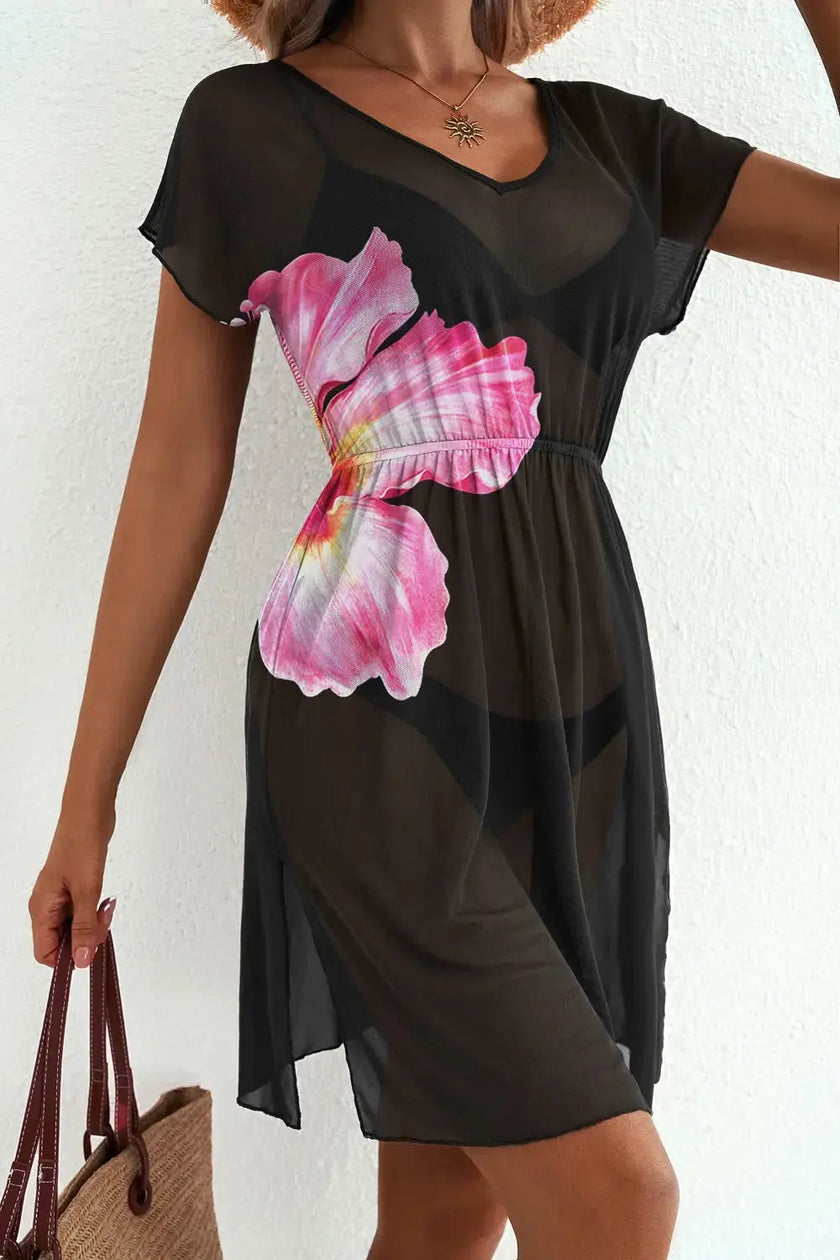 Floral Print V Neck Semi Sheer Beach Cover Up  Style Ratio