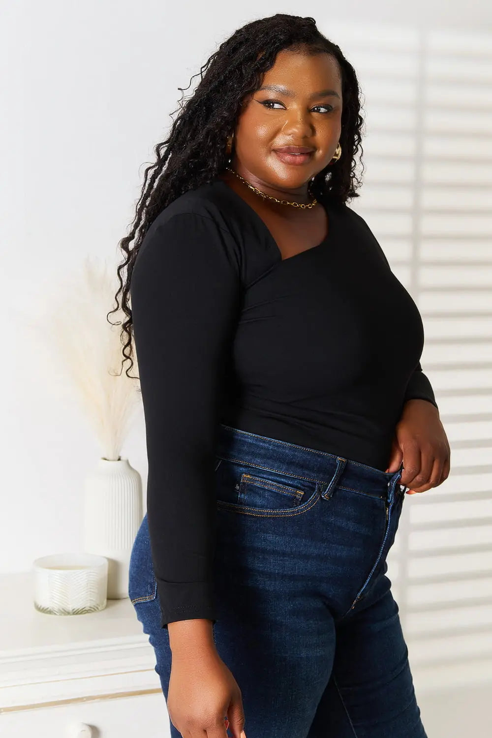 Basic Bae Asymmetrical Neck Long Sleeve Shirt  Style Ratio