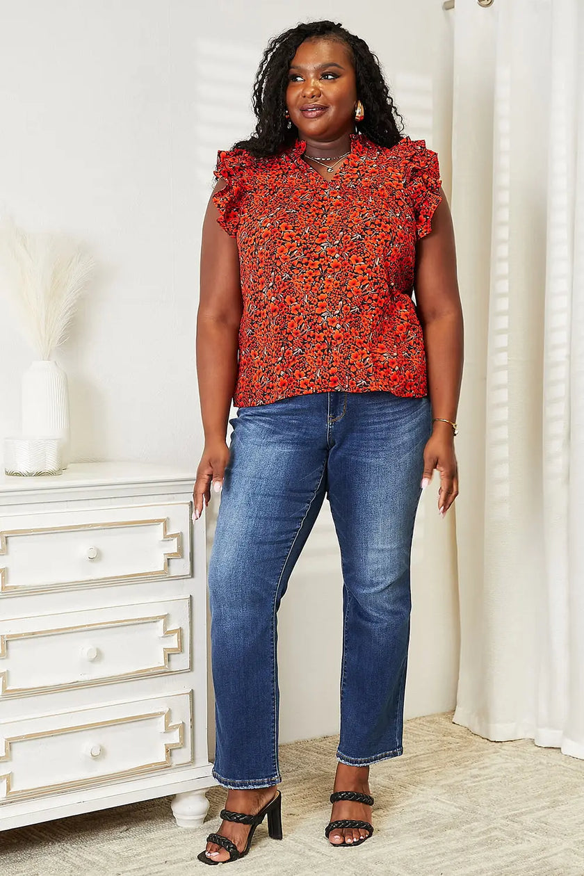 Double Take Floral Flutter Sleeve Notched Neck Blouse  Style Ratio