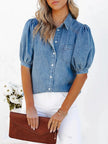Puff Sleeve Button-Down Denim Top  Style Ratio