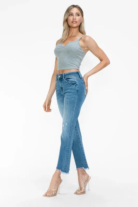 bytos Raw Hem Distressed Mid Rise Crop Jeans  Style Ratio