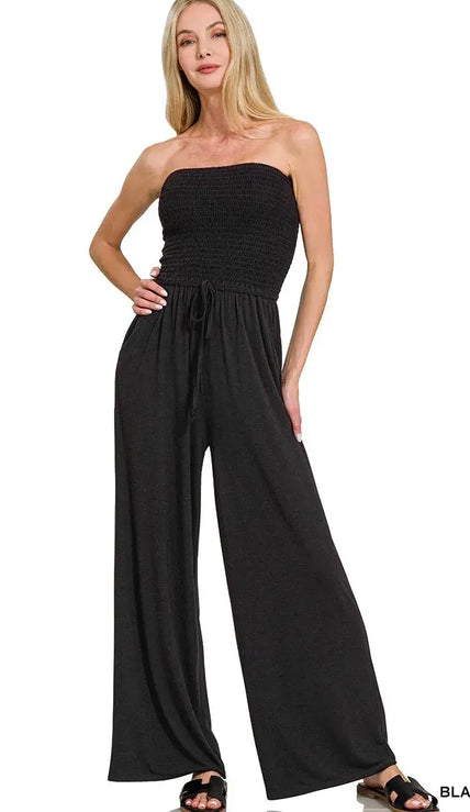 Zenana Strapless Wide Leg Smocked Jumpsuit  Style Ratio