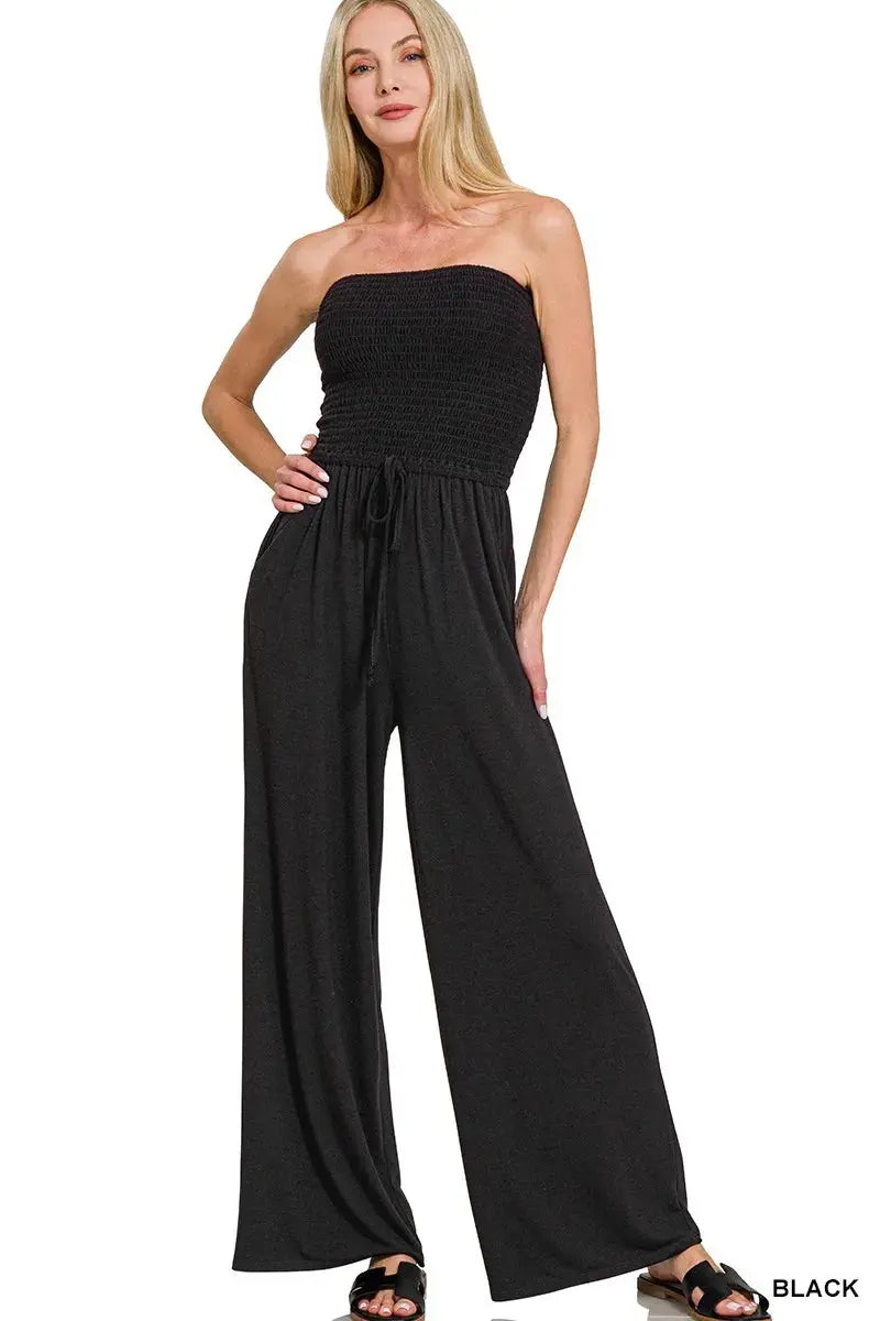 Zenana Strapless Wide Leg Smocked Jumpsuit  Style Ratio