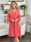 Double Take Full Size V-Neck Balloon Sleeve Tiered Dress with Pockets  Style Ratio