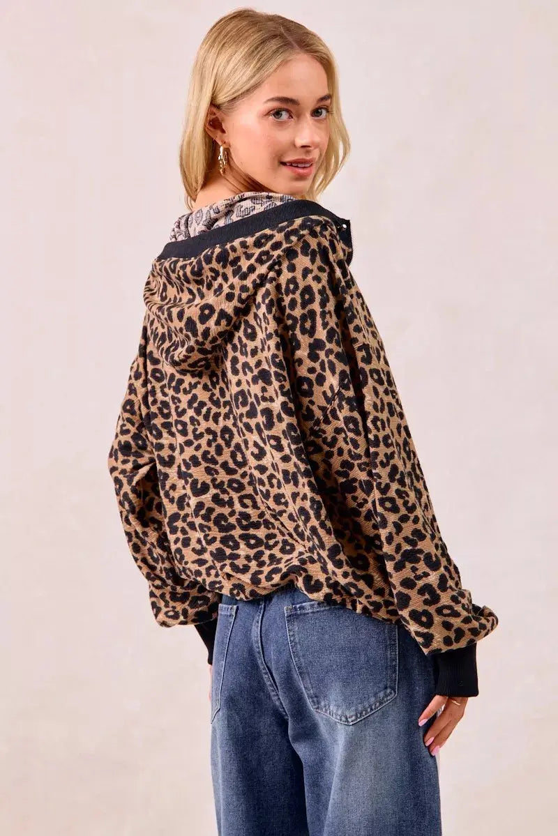 BiBi Leopard Print Waffle Half Zip Up Hoodie W Pocket  Style Ratio
