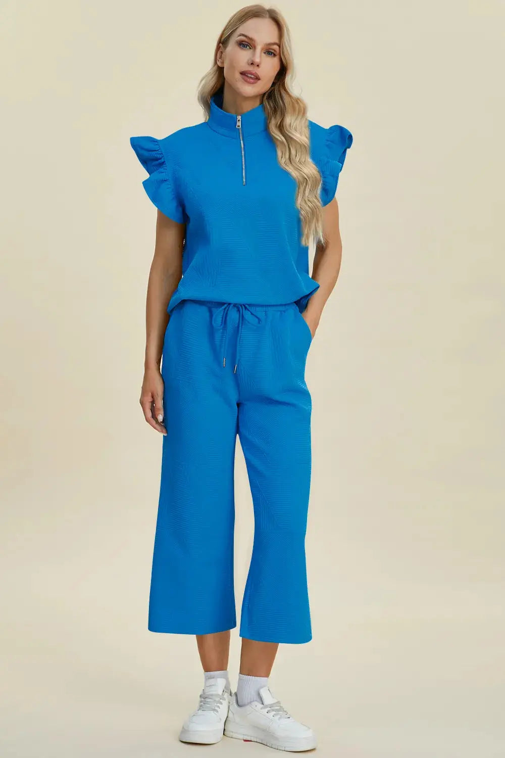 Double Take Full Size Texture Ruffle Short Sleeve Top and Wide Leg Pants Set  Style Ratio
