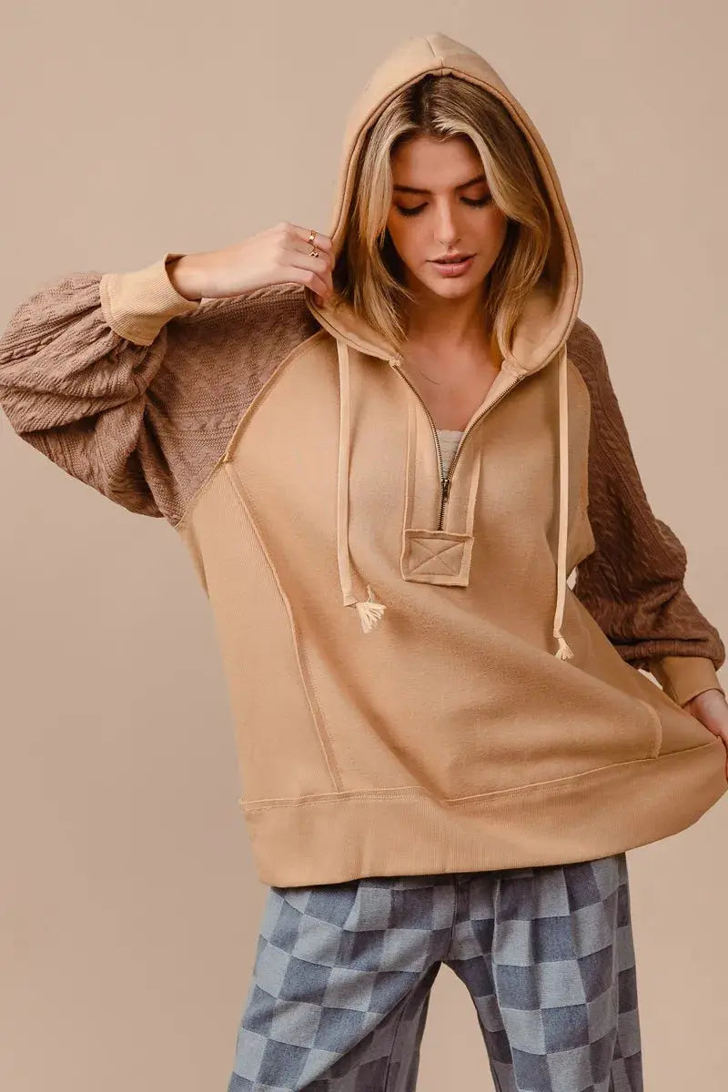 BiBi Half Zip French Terry Hoodie with Kint Sleeves  Style Ratio