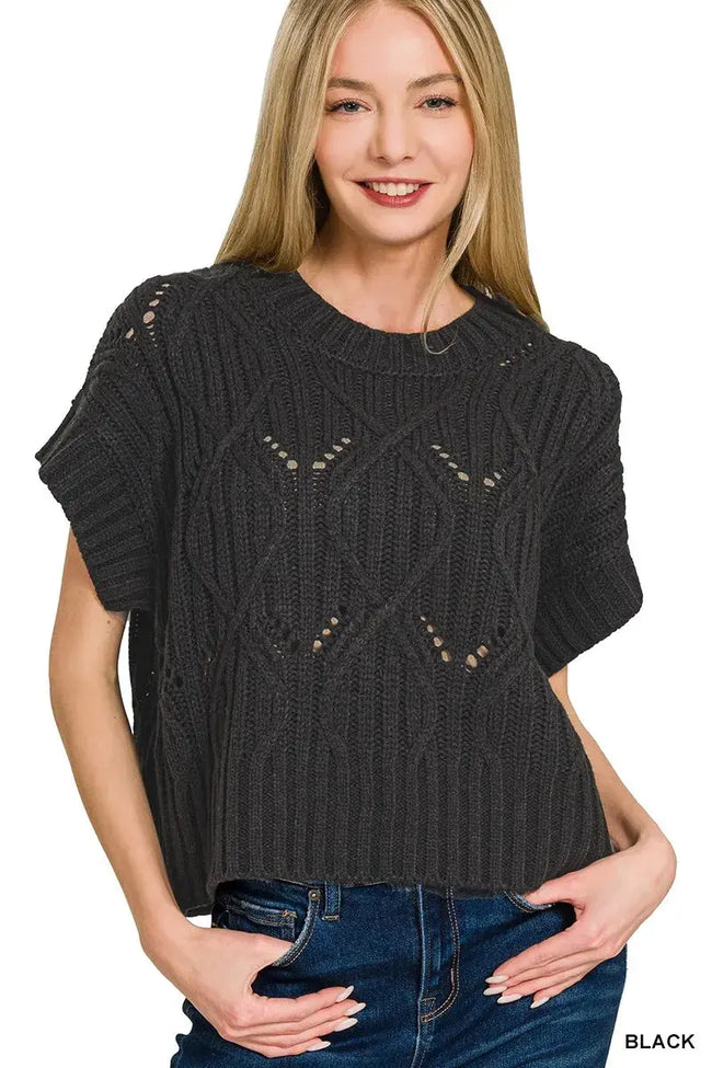Zenana Cable Knit Short Sleeve Sweater  Style Ratio
