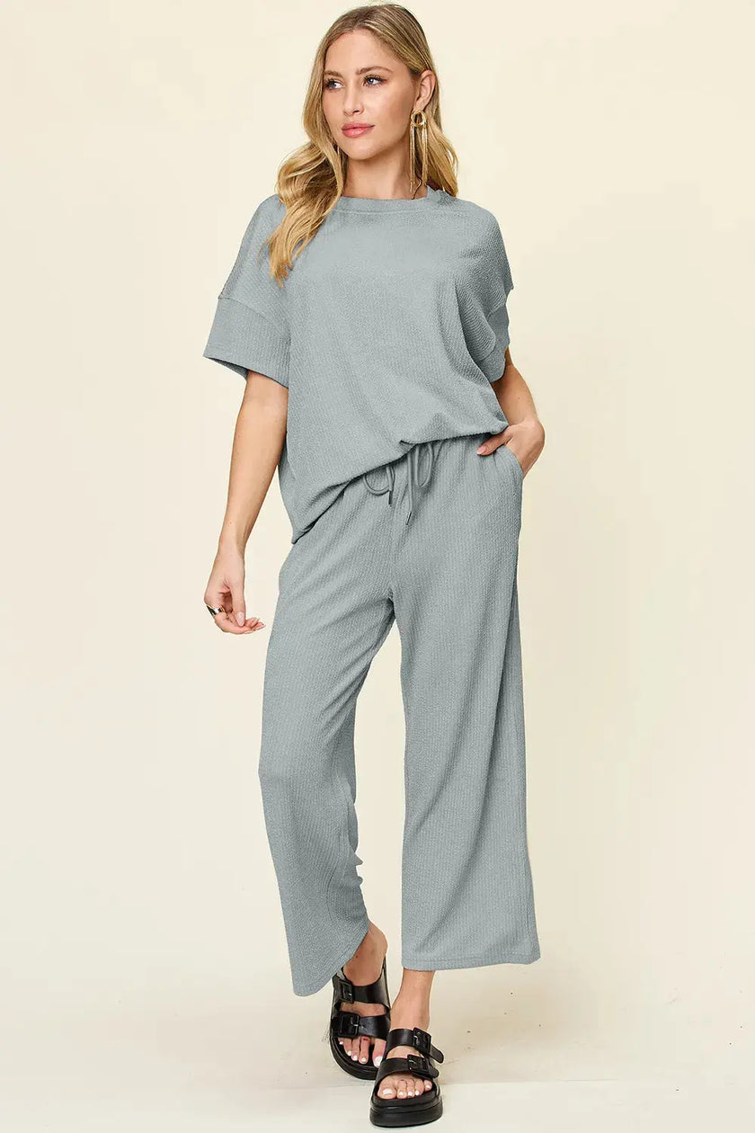Double Take Texture Round Neck Short Sleeve Shirt and Wide Leg Pants  Style Ratio