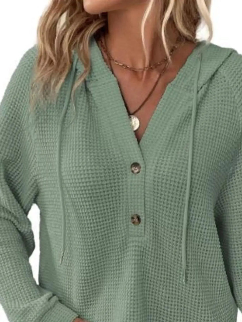 Full Size Button Detail Waffle Knit Hoodie  Style Ratio