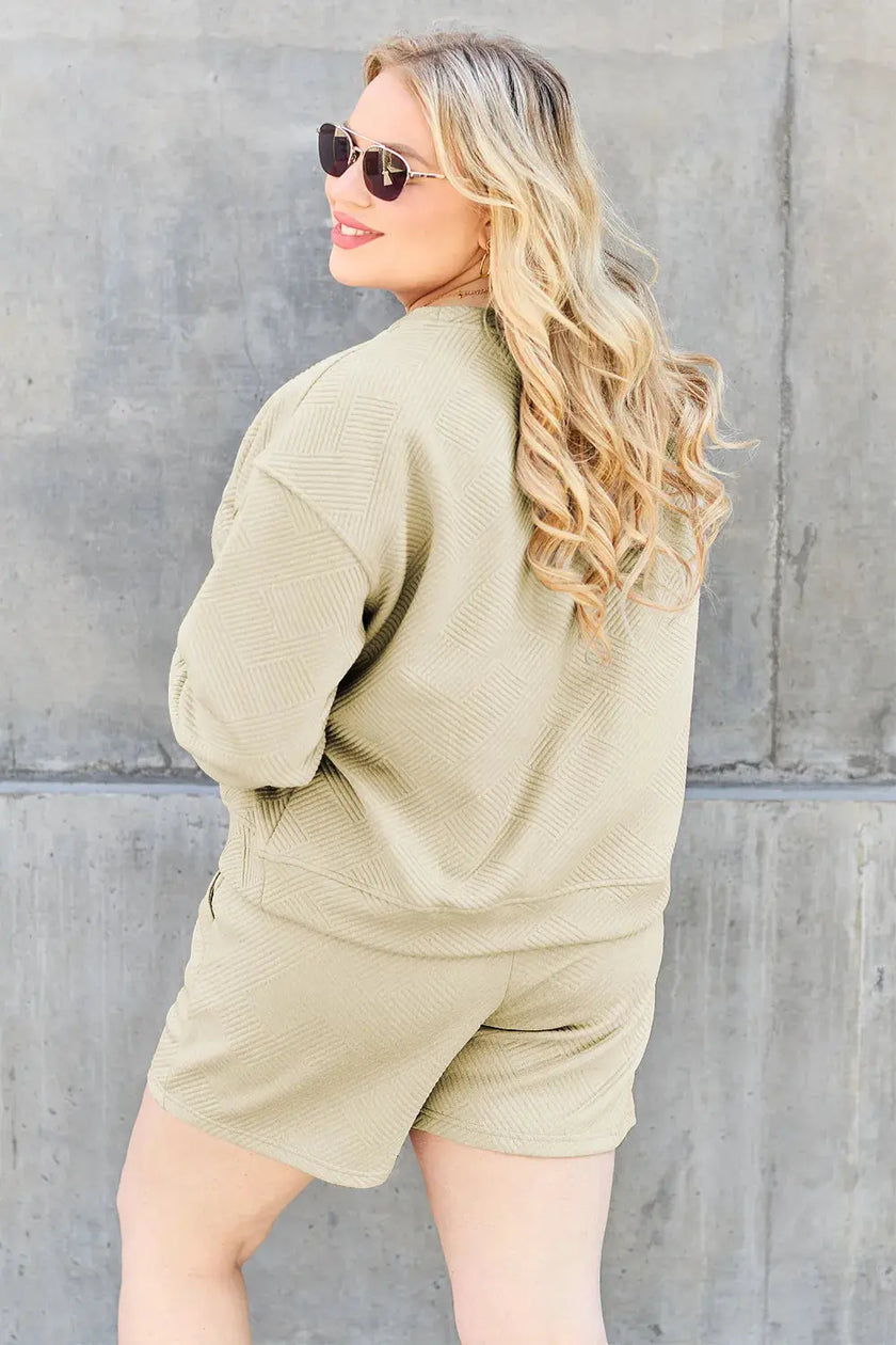 Double Take Full Size Texture Long Sleeve Top and Drawstring Shorts Set  Style Ratio