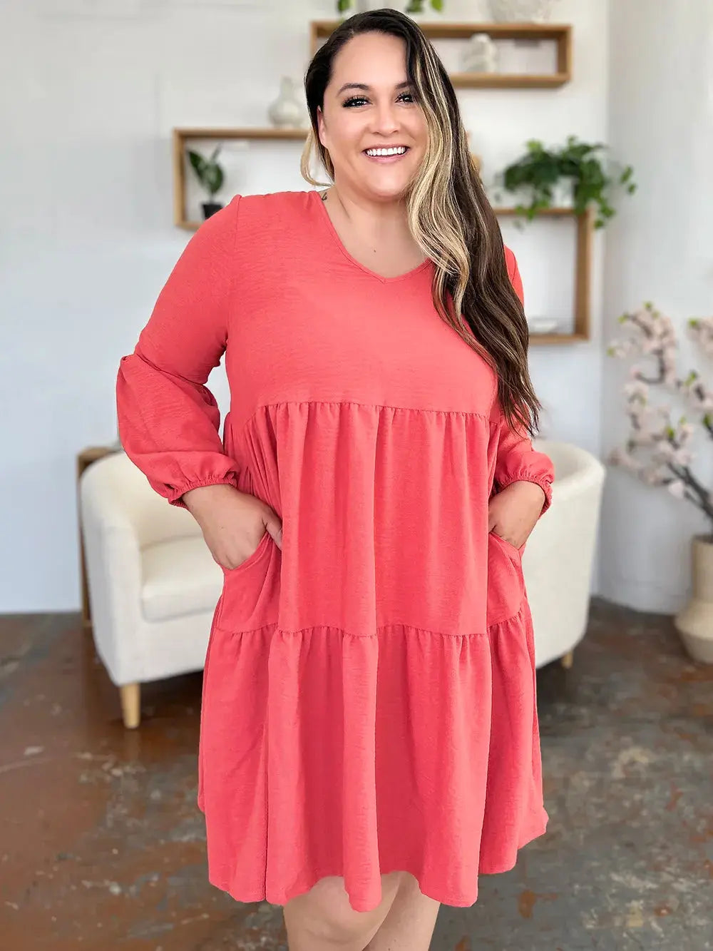 Double Take Full Size V-Neck Balloon Sleeve Tiered Dress with Pockets  Style Ratio