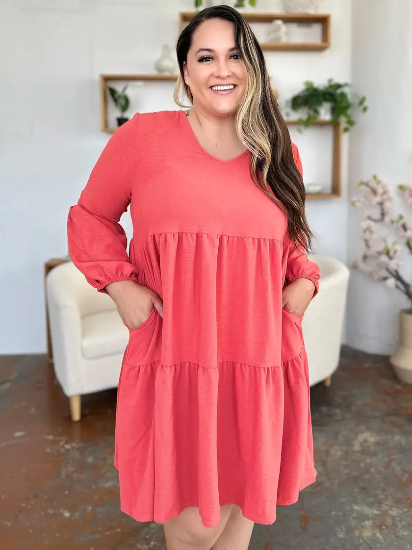 Double Take Full Size V-Neck Balloon Sleeve Tiered Dress with Pockets  Style Ratio
