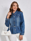 Plus Size Button-Up Peplum Denim Jacket  Style Ratio
