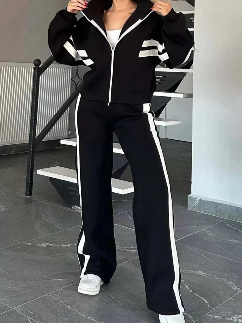 Full Size Contrast Stripe Zip Up Jacket and Pants Set  Style Ratio