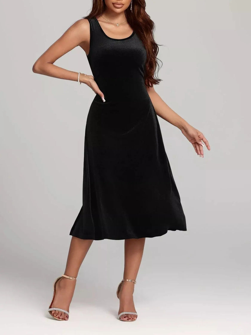 Round Neck Sleeveless Velvet A-Line Midi Dress  Style Ratio