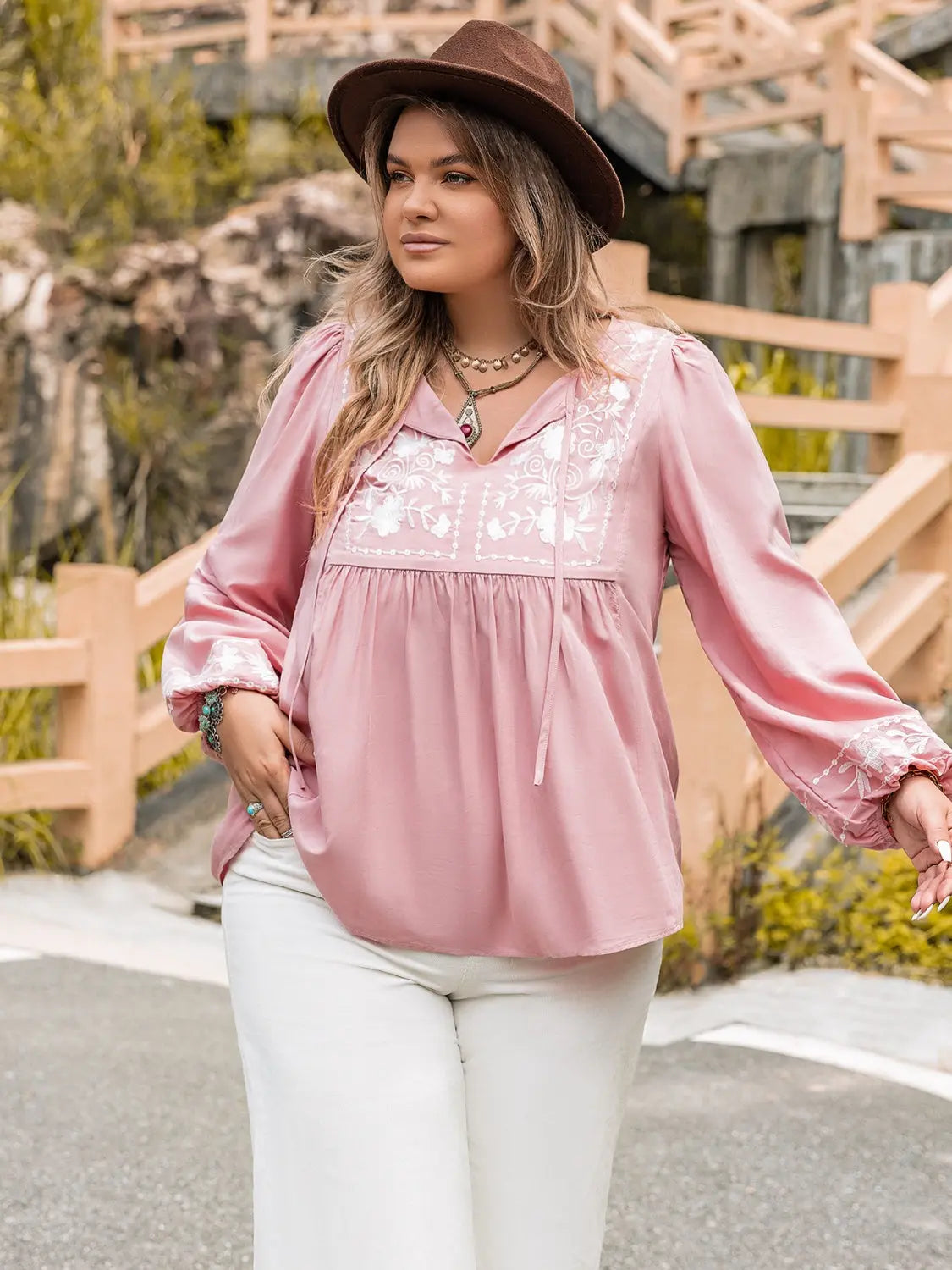 Plus Size Tie Neck Puff Sleeve Blouse  Style Ratio