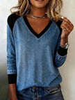 Full Size Patchwork V-Neck Long Sleeve Blouse Plus Size  Style Ratio