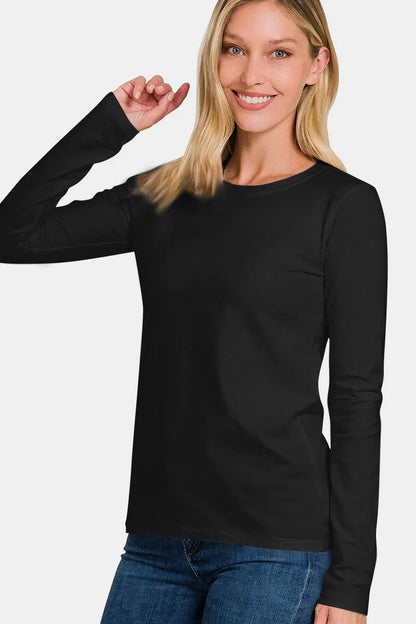 Solid Color Round Neck Long Sleeve Shirt Trendsi