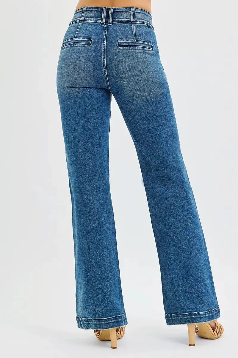 RISEN Full Size Tummy Control High Rise Bootcut Jeans with Double Button Waistband  Style Ratio