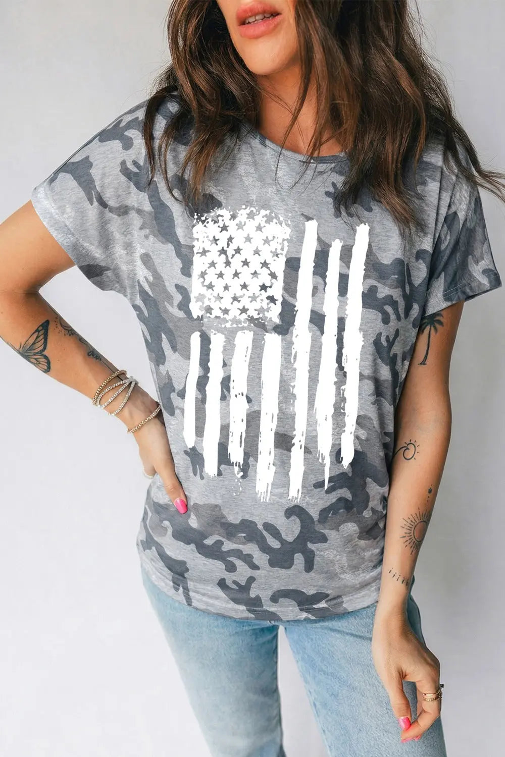 Camouflage Retro American Flag Printed Short Sleeve Shirt  Style Ratio
