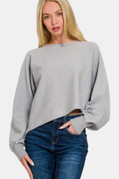 Zenana Asymmetric Hem Long Sleeve Sweater Trendsi